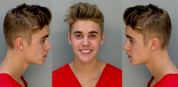 Justin Bieber em foto de quando foi fichado por dirigir alcoolizado - Montagem; (Reprodução Twitter/ EFE/DADE COUNTY CORRECTIONS)